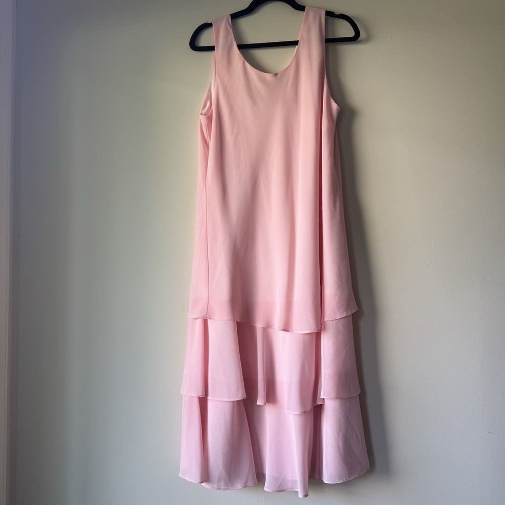Caribe USA Pink Tiered Layered Chiffon Midi Dress Sleeveless Shift Size XL
